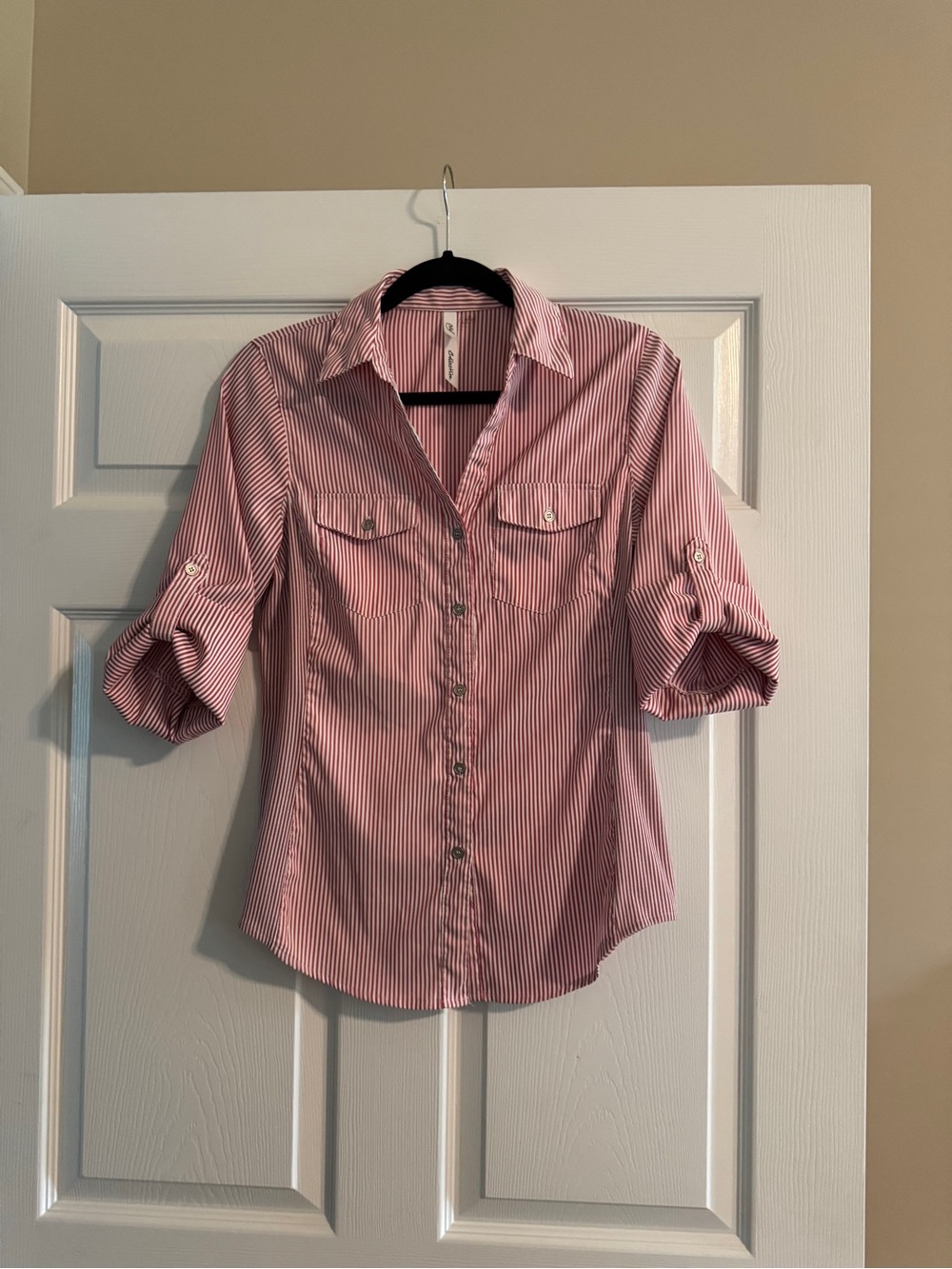 NY Collection Pink and White Striped Button-Up Shirt